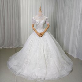 豪華！韓国風ドレス ウェディングドレス キラキラ光る刺繍 短袖 編み上げ 結婚式 抜群のおしゃれ見え ロングトレーンの画像