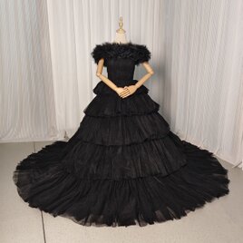 高品質！カラードレス ブラック オフショルダー プリーツドレス 編み上げ ボリュームドレス 結婚式 前撮りの画像