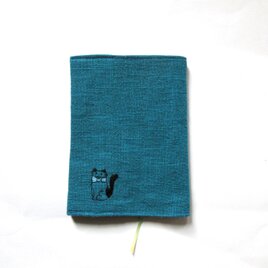 猫の刺繍 リネンブックカバー＊ターコイズブルーAの画像