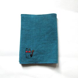 猫の刺繍 リネンブックカバー＊ターコイズブルーBの画像