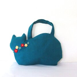 スラブリネン お花の猫バッグ ターコイズブルーの画像