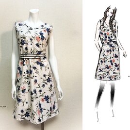 【1点もの・デザイン画付き】ベルト付き花柄ホワイトワンピース（KOJI TOYODA）の画像
