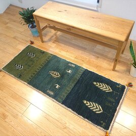 ペルシャ　ギャッベ ランナー中　144×55㎝　黄緑色　緑色　濃い緑色　糸杉　RJ11223の画像