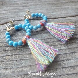 Turquoise Blue Hoop ターコイズブルーサークルのフリンジフープピアスの画像