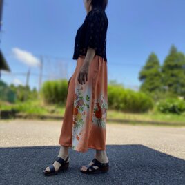 菊梅紋様　友禅　着物リメイク　ワイドパンツ