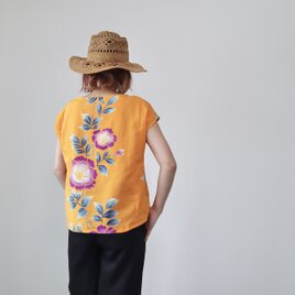 sale○浴衣のAラインブラウス・袖あり（絣柄・M） 着物リメイク