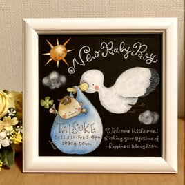 出産祝い、お誕生記念に！/名入れ/ベビーボード/命名ボード/色、文字表記選べます＊男の子【チョークアート 原画・額付き】