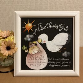 出産祝い、お誕生記念に！/名入れ/ベビーボード/命名ボード/色、文字表記選べます＊女の子【チョークアート 原画・額付き】