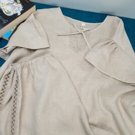 ちょっぴり可憐なリネンのルームウェア 半袖SET【ベージュ】