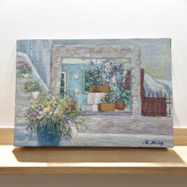 島のレストラン(油絵サムホール、ギリシャ、サントリーニ島、原画)