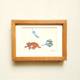 一点物 原画】「ハチワレ猫の散歩道」 2L木製額縁入り・ペン画・水彩