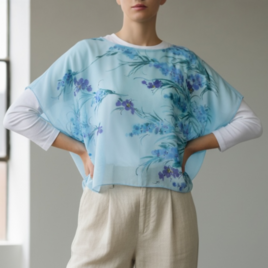 シアー　スクエアブラウス【送料込み】古布リメイク　ブルー