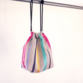 リネンと絹の手織り巾着バックPI　19cm×15cm×9.5cm