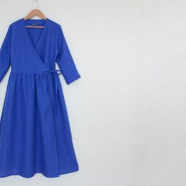 海色のカシュクールワンピース　リネン100％　ロイヤルブルーの画像