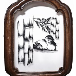 ハサミ切り絵原画 竹聲逢鴨 【額装済】