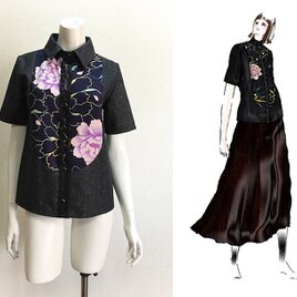 【1点もの・デザイン画付き】岡山産デニム＆和柄切り替えブラウス半袖（KOJI TOYODA）の画像