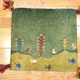 【クリスマス】ペルシャ　ギャッベ ミニマット 41×38.5 緑　犬　鳥 ペルシャ ギャッベ ミニマット ラグ 横39x41㎝ 夕焼け 生命の木