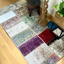 48×114 パッチワーク　リーフ赤い花　ブラウン　トルコヴィンテージラグ 48×114 パッチワーク リーフ赤い花 ブラウン トルコヴィンテージ