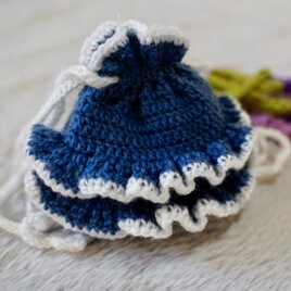 夏らしい波のようなフリル巾着袋 ブルー ハンドメイド ポーチ 小物入れ