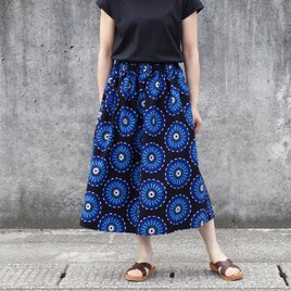 【受注制作】アフリカ布のギャザースカート（ ブルーフラワー ）アフリカンプリント アフリカンファブリック
