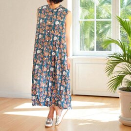 ブロックプリントコットンクリンクルワンピース【ピーコックブルー花柄】の画像