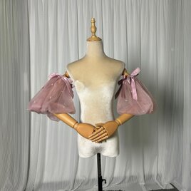 パフスリーブ ピンク 姫袖 パール リボン 可愛い ストレッチ ソフトチュール 花嫁/結婚式の画像