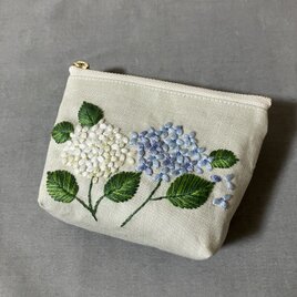 手刺繍 ミニポーチ あじさいカタツムリカードコイン 小物入れリネン 薄鶯色 ハンドメ