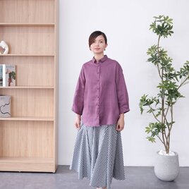 襟付きシャツ　リネン100％・プラム色の画像