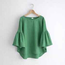 ギャザー袖 クルーネック 7分袖プルオーバー｜オーガニック綿100%ダブルガーゼ_ Green