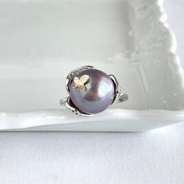 訳あり 淡水 ルベルパール ラベンダーダークパープル フラワーリング バタフライ付き silver925の画像