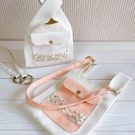 倉敷帆布　ポケット付き　ニットバッグ　ミニトート　インド刺繡リボン　ショルダーストラップ付きの画像