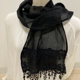 ハンドメイド☆ストール黒リネン花刺繍レースフリンジレース冠婚葬祭の画像