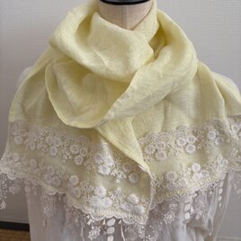 ハンドメイド☆ロングストールフレンチリネンイエロー花刺繍レースフリンジレース生成りの画像