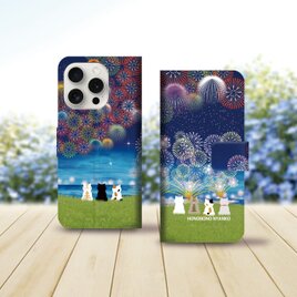 iPhoneスタンダード手帳型スマホケース （カメラ穴あり/はめ込みタイプ）【ほのぼのにゃんこ（花火Ⅱ）花火大会】の画像