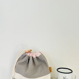 ミニ巾着袋　　グレー＋白