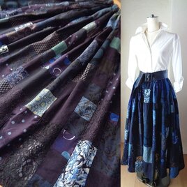 sold 絵画なパッチワーク♥レース♥凛とした大人の♥マキシ丈ギャザースカート ネイビーブルー
