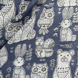 インド ブロックプリント生地 [50cm単位切り売り]Bagru アニマル グレイッシュブルー地 熊 うさぎIF0308の画像