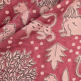 インド ブロックプリント生地 [50cm単位切売] Bagru ワイルドアニマルピンク地 虎 ライオン豹 IF0309の画像