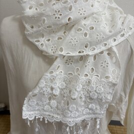 ☆ハンドメイド☆ロングストール白綿ローンカットワーク刺繍お花刺繍レースフリンジレースの画像