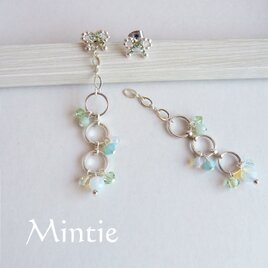 【SALE】２wayピアス　天然石とリングチェーン(シルバー＆グリーン)
