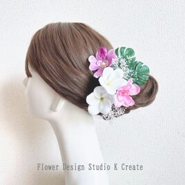 プルメリアとオーキッドのヘッドドレス　結婚式　ヘッドドレス　ウェディング　花嫁ヘア　プルメリア　オーキッド　白　リゾ婚の画像