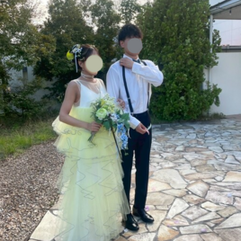 実例写真！パーティードレス キャミソール イエロー ツーピース ノースリーブ ロング デザイン感 2次会の画像