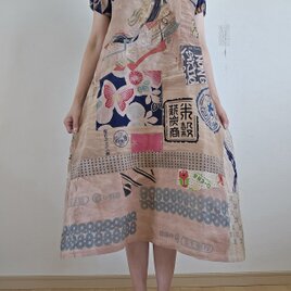 着物リメイク　ハンドメイド　手ぬぐい　柿渋染め　パッチワーク　ワンピースの画像
