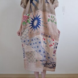着物リメイク　ハンドメイド　手ぬぐい　柿渋染め　ワンピースの画像