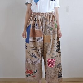 着物リメイク　ハンドメイド　柿渋染め　てぬぐい　パンツの画像