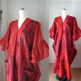 ♥期間限定♥絵画なパッチワーク♥ドレープワンピース♥ゆったり♥マキシ丈♥カーディナルレッド