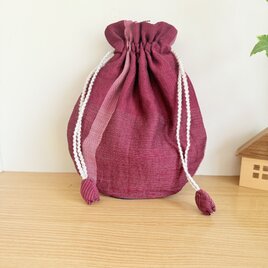 播州織のラウンド巾着袋（レッド）②の画像