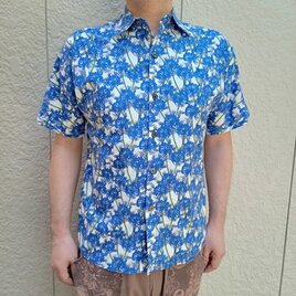 半袖デザイナーズファブリックシャツ（彼岸花）白青