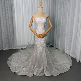 豪華！韓国風 ウエディングドレス ベアトップ マーメイドライン グリッタードレス ハンドメイド 結婚式 花嫁の画像