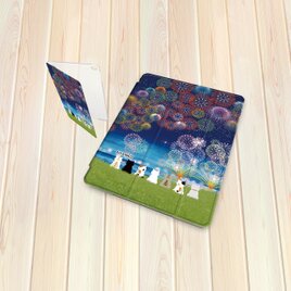 手帳型 iPadケース 【バックカバー：ハードタイプ】片面印刷/カメラ穴有【ほのぼのにゃんこ（花火Ⅱ）花火大会】の画像